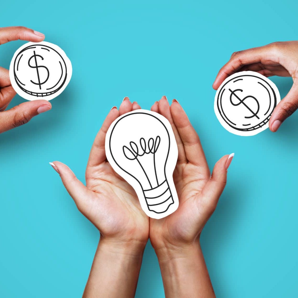 Hands With Dollar Sign Coins And Light Bulb Fundraise